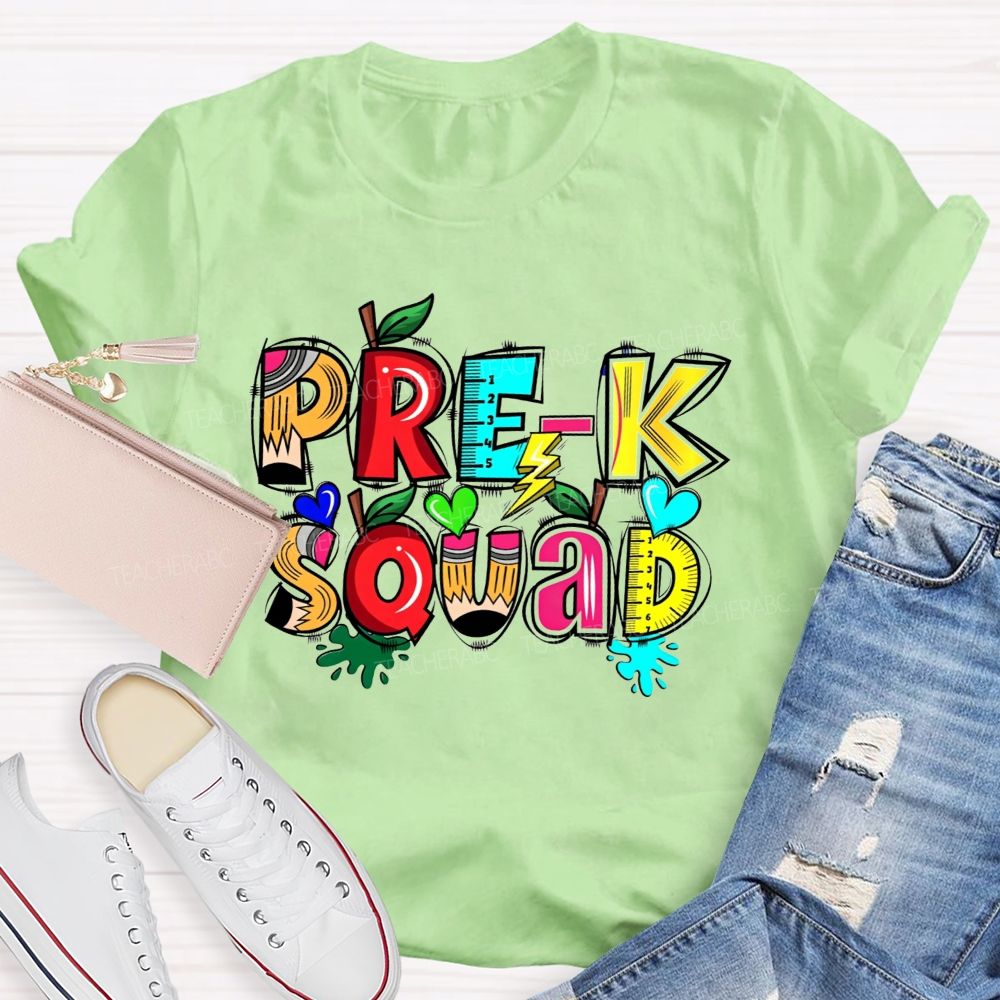 Personalized Grade Pre-K Squad Colorful Pencil Apple Ruler Teacher T-shirt