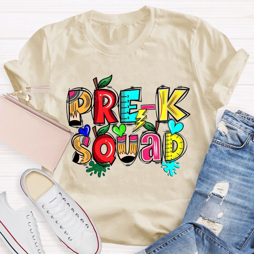 Personalized Grade Pre-K Squad Colorful Pencil Apple Ruler Teacher T-shirt