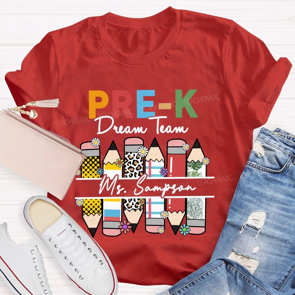 Personalized Grade And Name Leopard Dream Team  Pencil Back To School Teacher T-Shirt