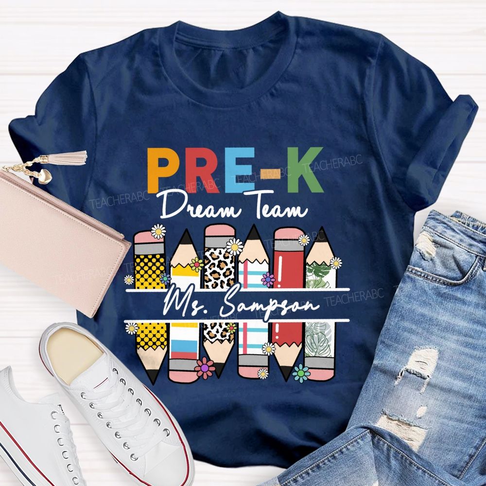 Personalized Grade And Name Leopard Dream Team  Pencil Back To School Teacher T-Shirt