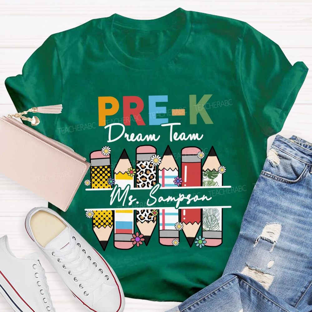 Personalized Grade And Name Leopard Dream Team  Pencil Back To School Teacher T-Shirt