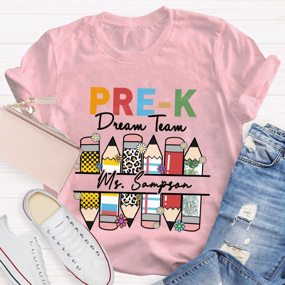 Personalized Grade And Name Leopard Dream Team  Pencil Back To School Teacher T-Shirt
