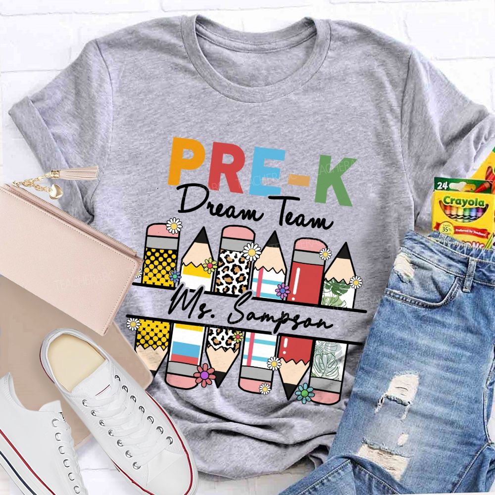 Personalized Grade And Name Leopard Dream Team  Pencil Back To School Teacher T-Shirt