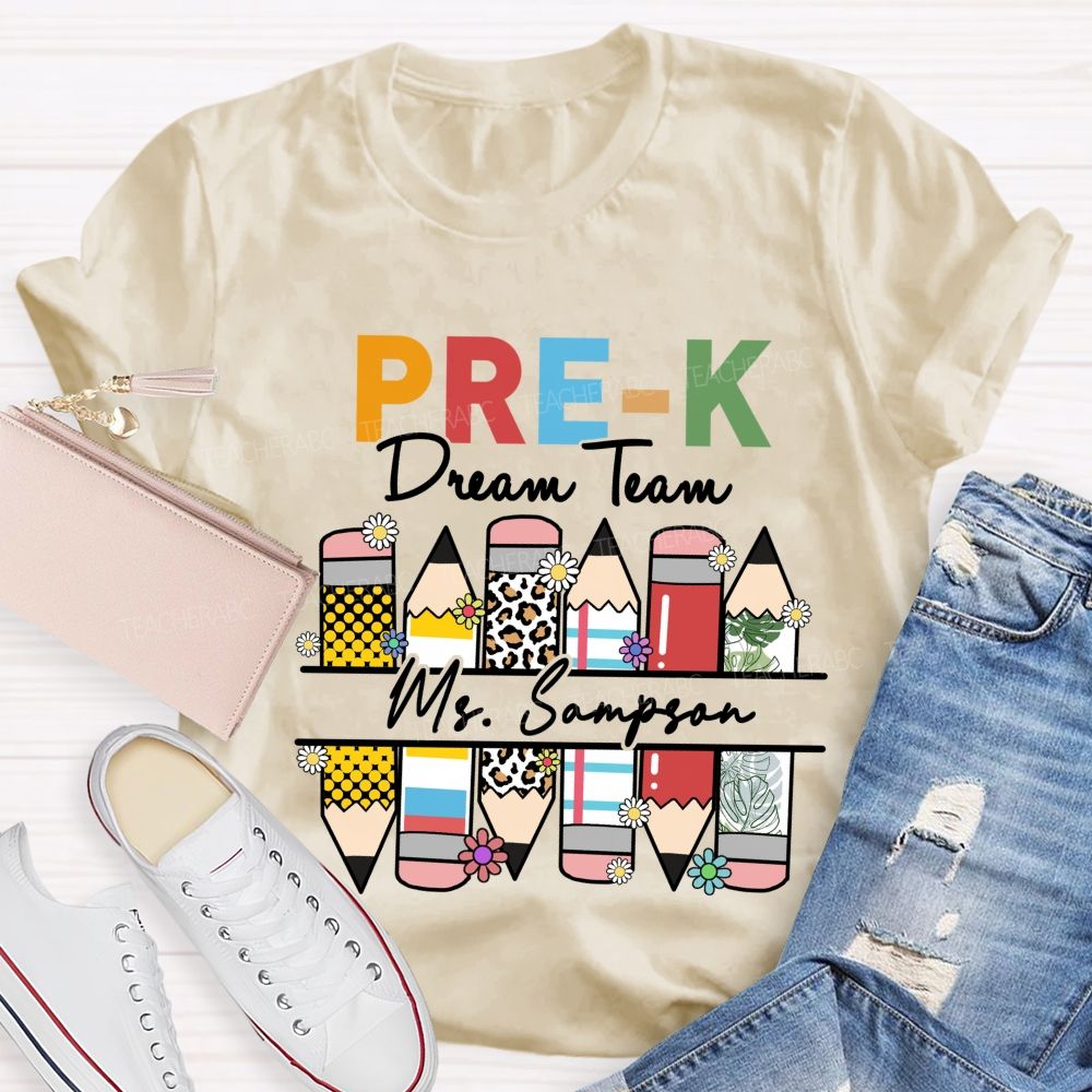 Personalized Grade And Name Leopard Dream Team  Pencil Back To School Teacher T-Shirt