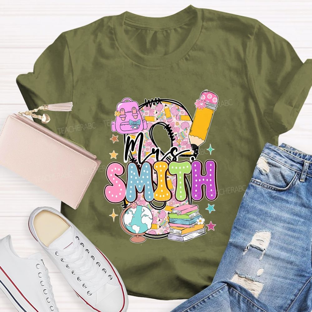 Personalized Name Pink Plaid Print With Lettering Back To School Teacher T-Shirt