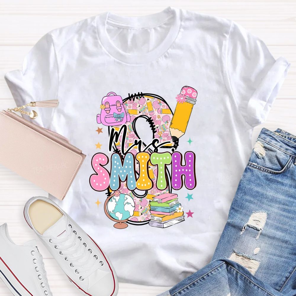 Personalized Name Pink Plaid Print With Lettering Back To School Teacher T-Shirt