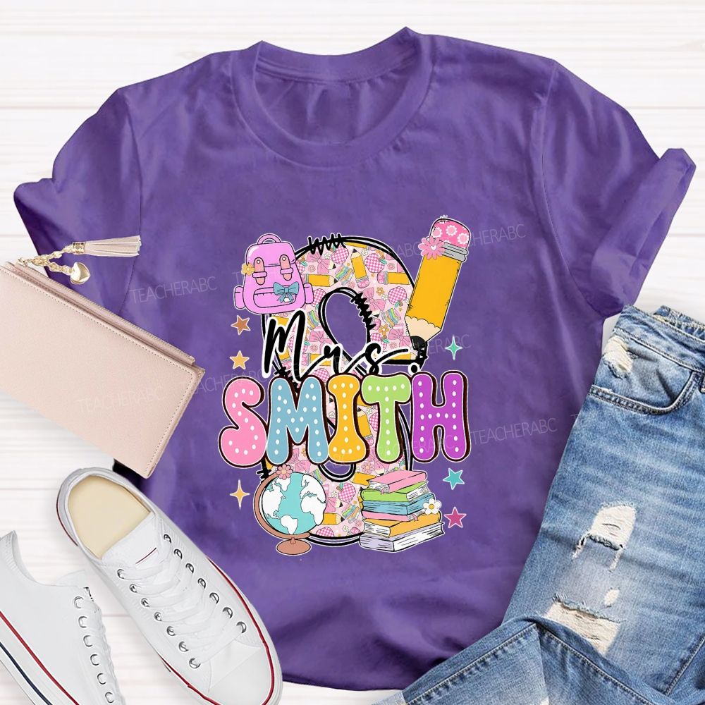 Personalized Name Pink Plaid Print With Lettering Back To School Teacher T-Shirt