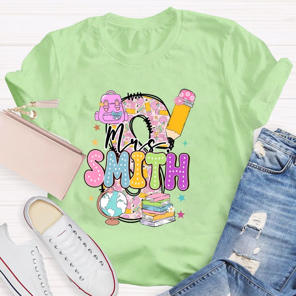 Personalized Name Pink Plaid Print With Lettering Back To School Teacher T-Shirt