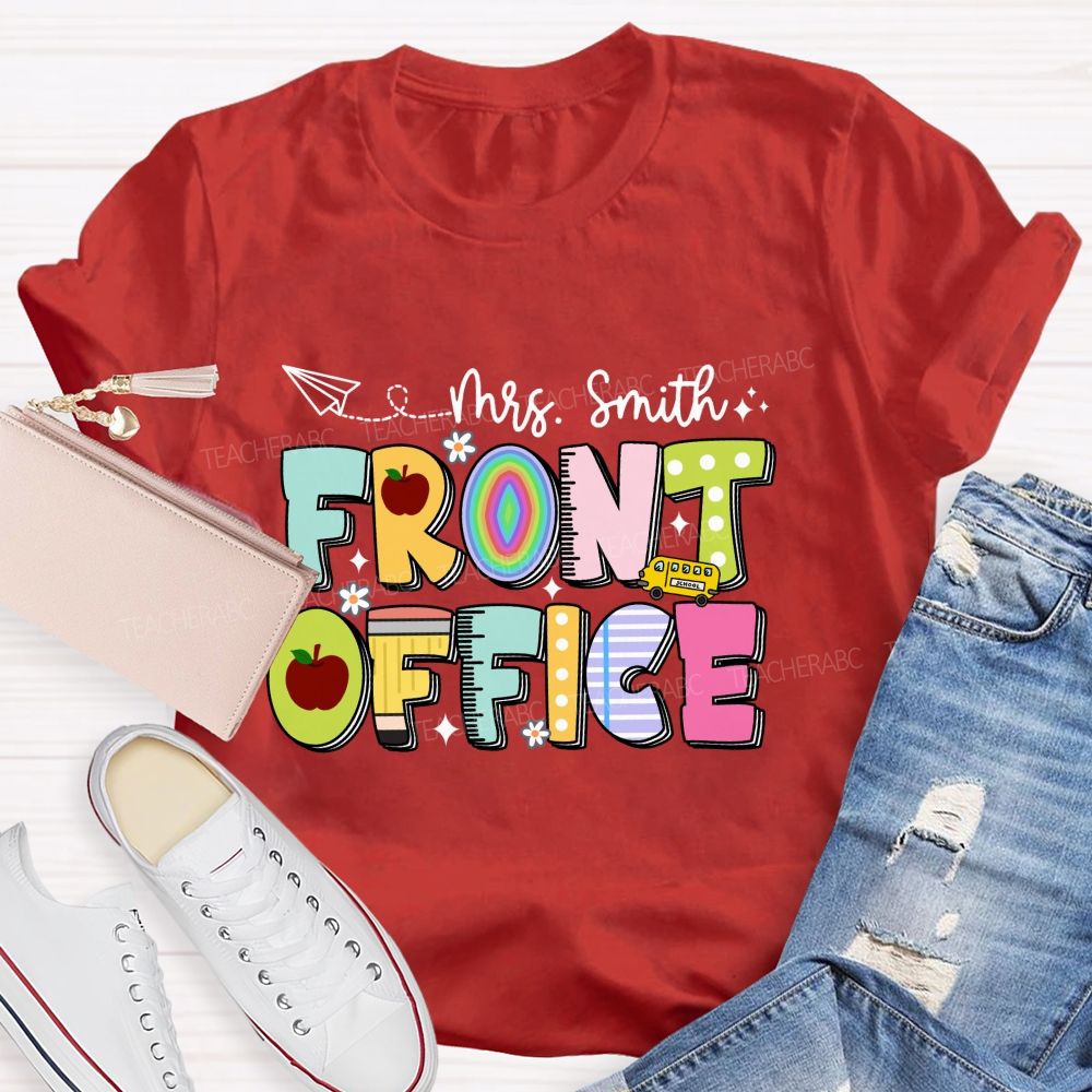 Personalized Name Front Office Apple Rainbow Letter Printed Teacher T-Shirt