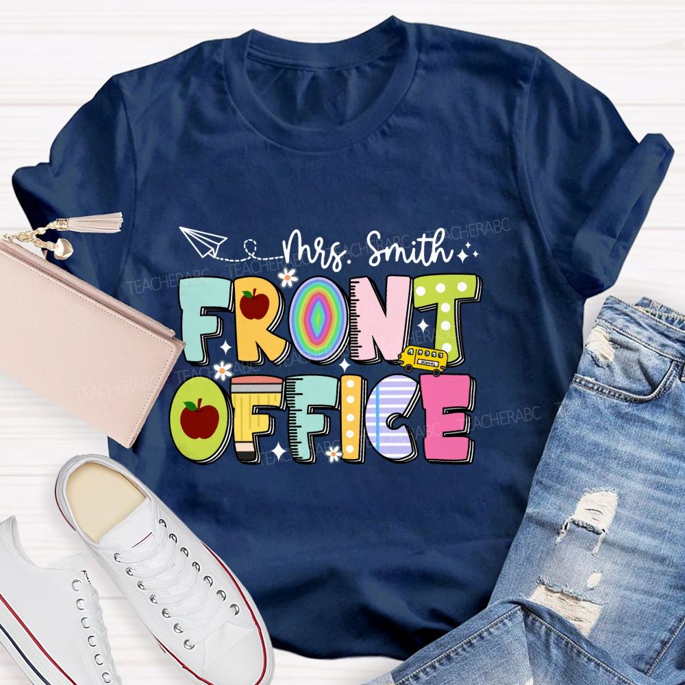 Personalized Name Front Office Apple Rainbow Letter Printed Teacher T-Shirt