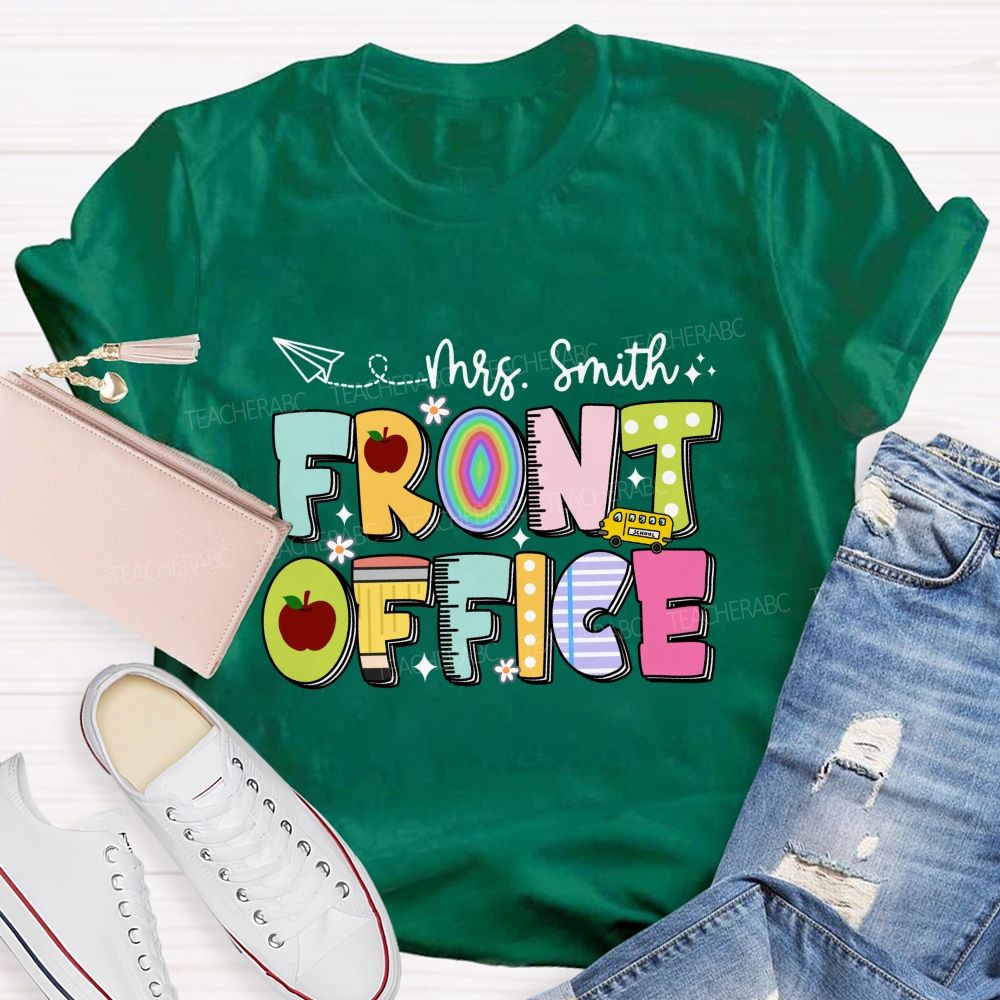 Personalized Name Front Office Apple Rainbow Letter Printed Teacher T-Shirt