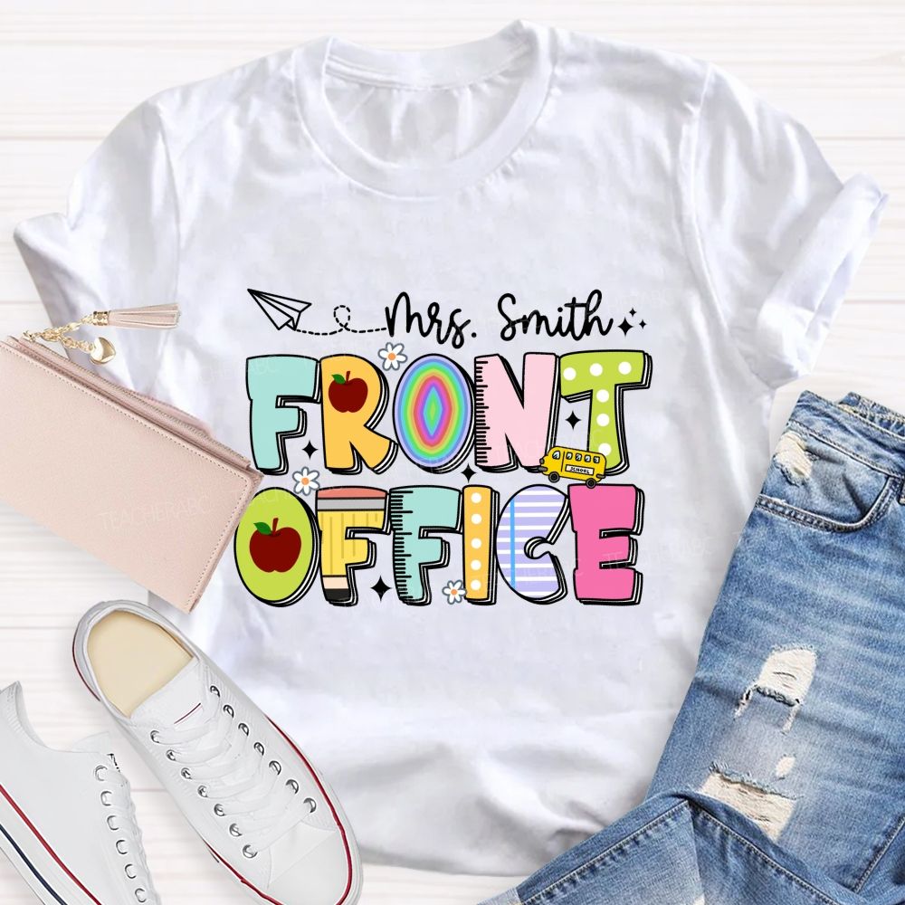 Personalized Name Front Office Apple Rainbow Letter Printed Teacher T-Shirt