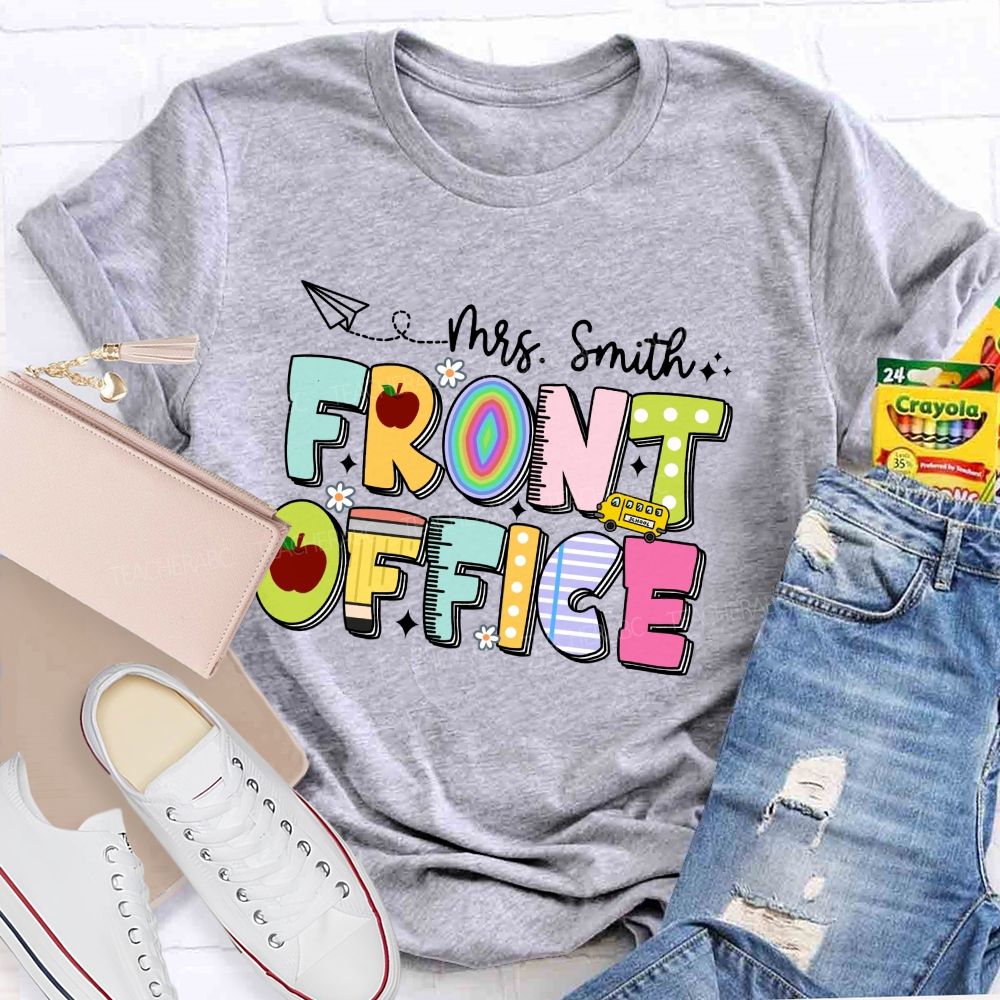 Personalized Name Front Office Apple Rainbow Letter Printed Teacher T-Shirt