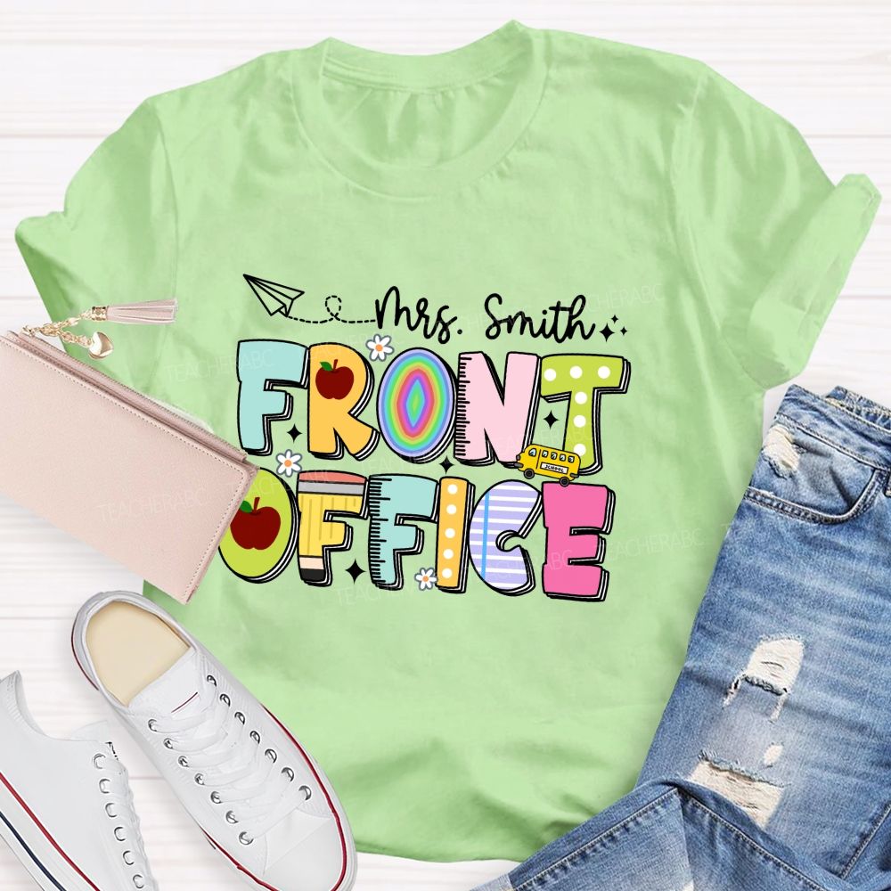 Personalized Name Front Office Apple Rainbow Letter Printed Teacher T-Shirt