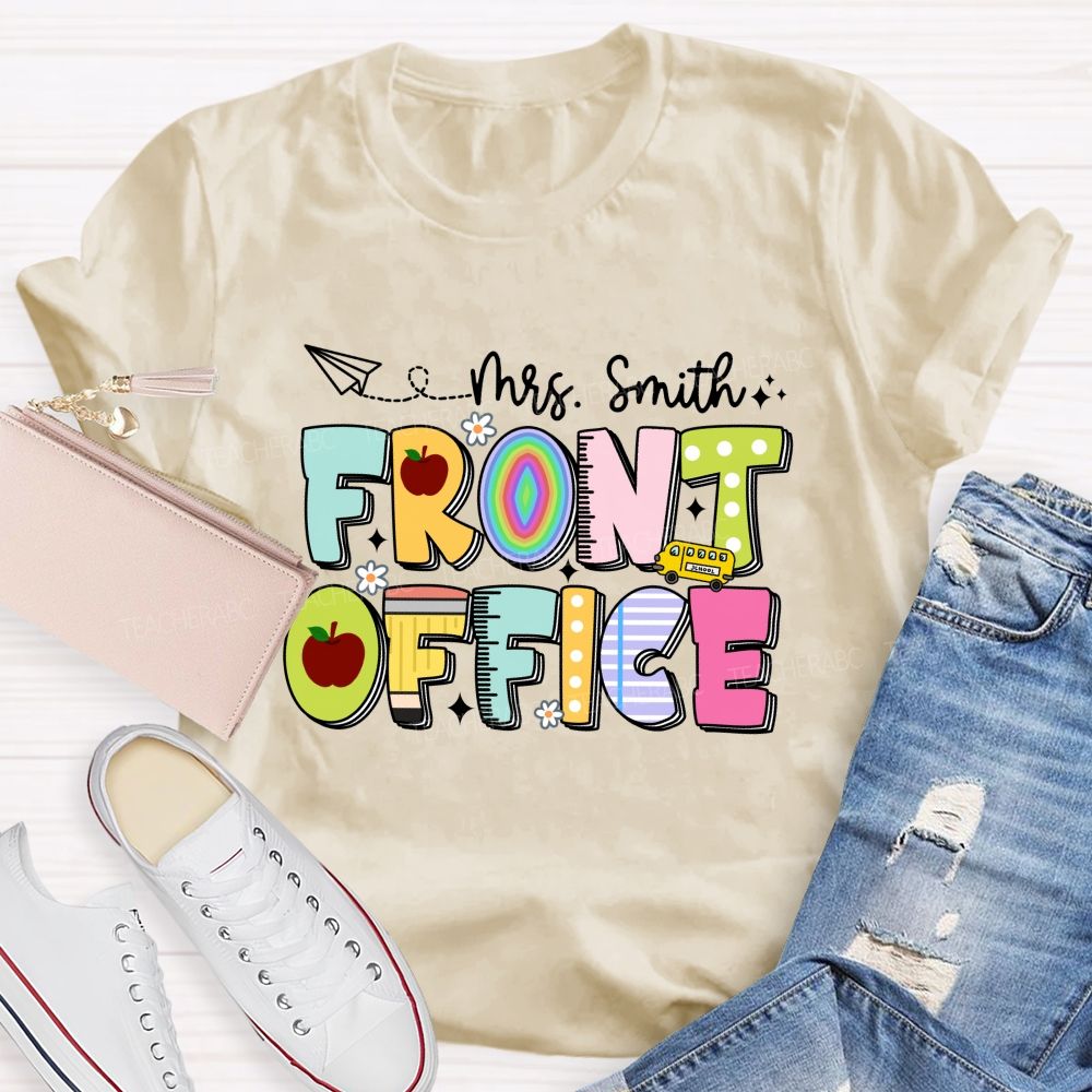 Personalized Name Front Office Apple Rainbow Letter Printed Teacher T-Shirt