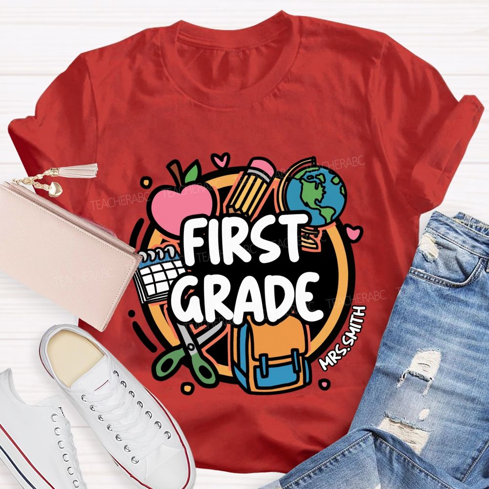 Personalized Grade And Name Back-To-School Backpack With Apple Print Teacher T-Shirt