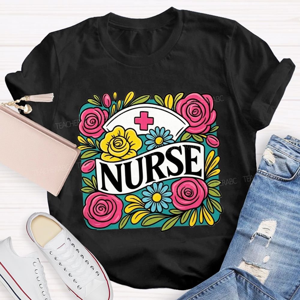 School Nurse Colorful Rose Nurse Worker T-shirt