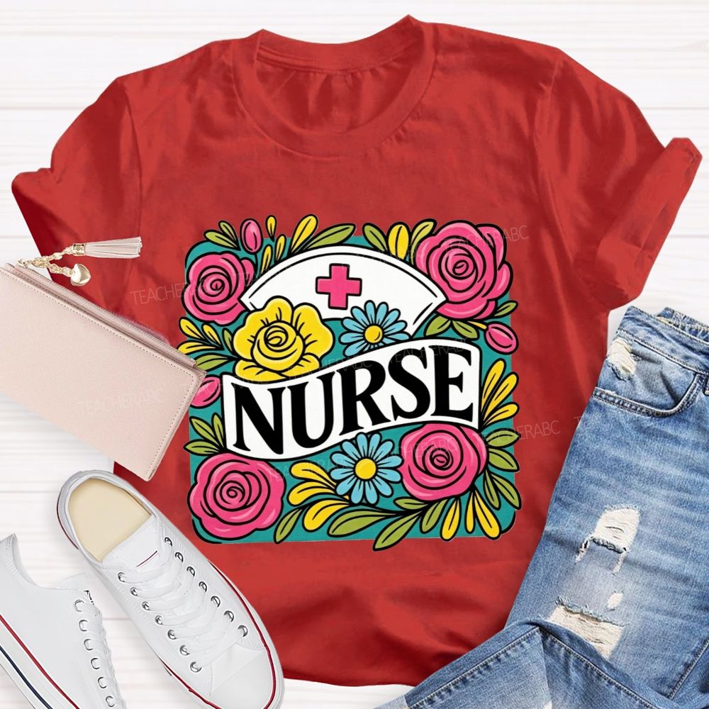 School Nurse Colorful Rose Nurse Worker T-shirt