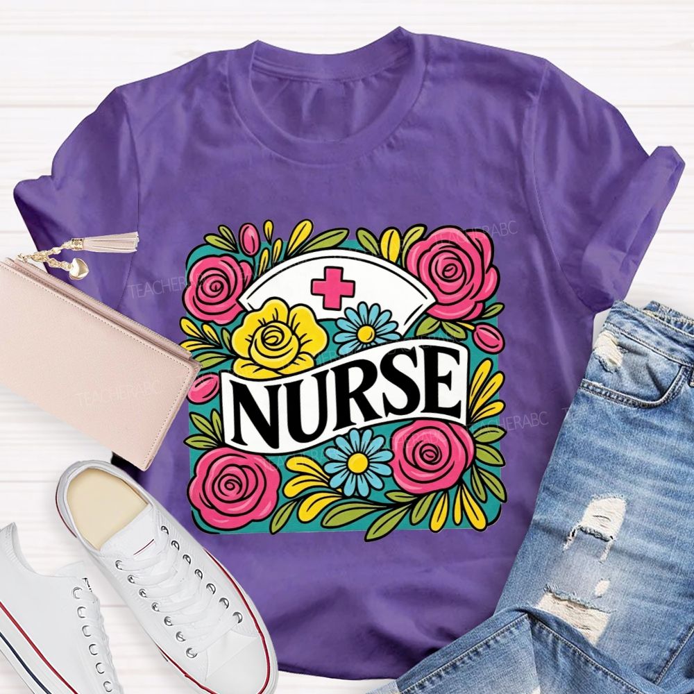 School Nurse Colorful Rose Nurse Worker T-shirt