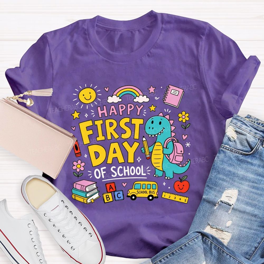 Happy First Day Of School Cute Dino And Cartoon School Supply Teacher T-shirt