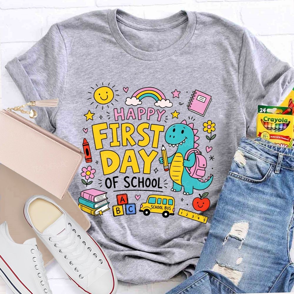 Happy First Day Of School Cute Dino And Cartoon School Supply Teacher T-shirt