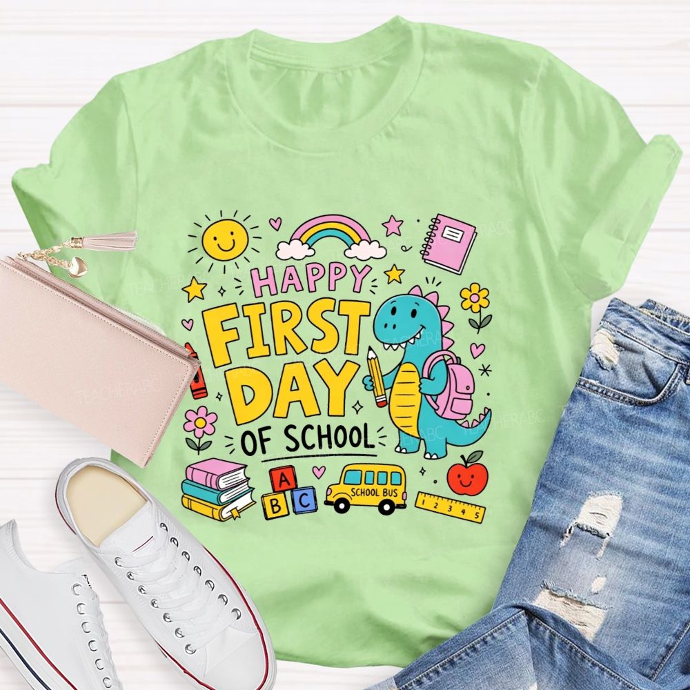 Happy First Day Of School Cute Dino And Cartoon School Supply Teacher T-shirt
