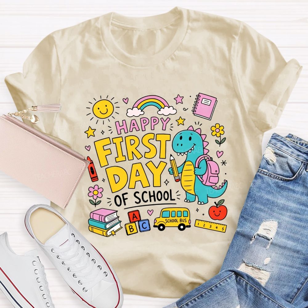 Happy First Day Of School Cute Dino And Cartoon School Supply Teacher T-shirt