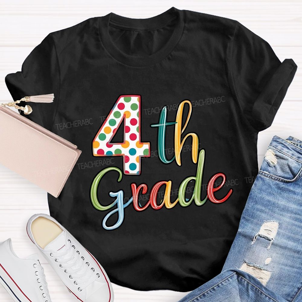 Personalized Grade Colorful Polka-Dot Numbers Teacher T-Shirt