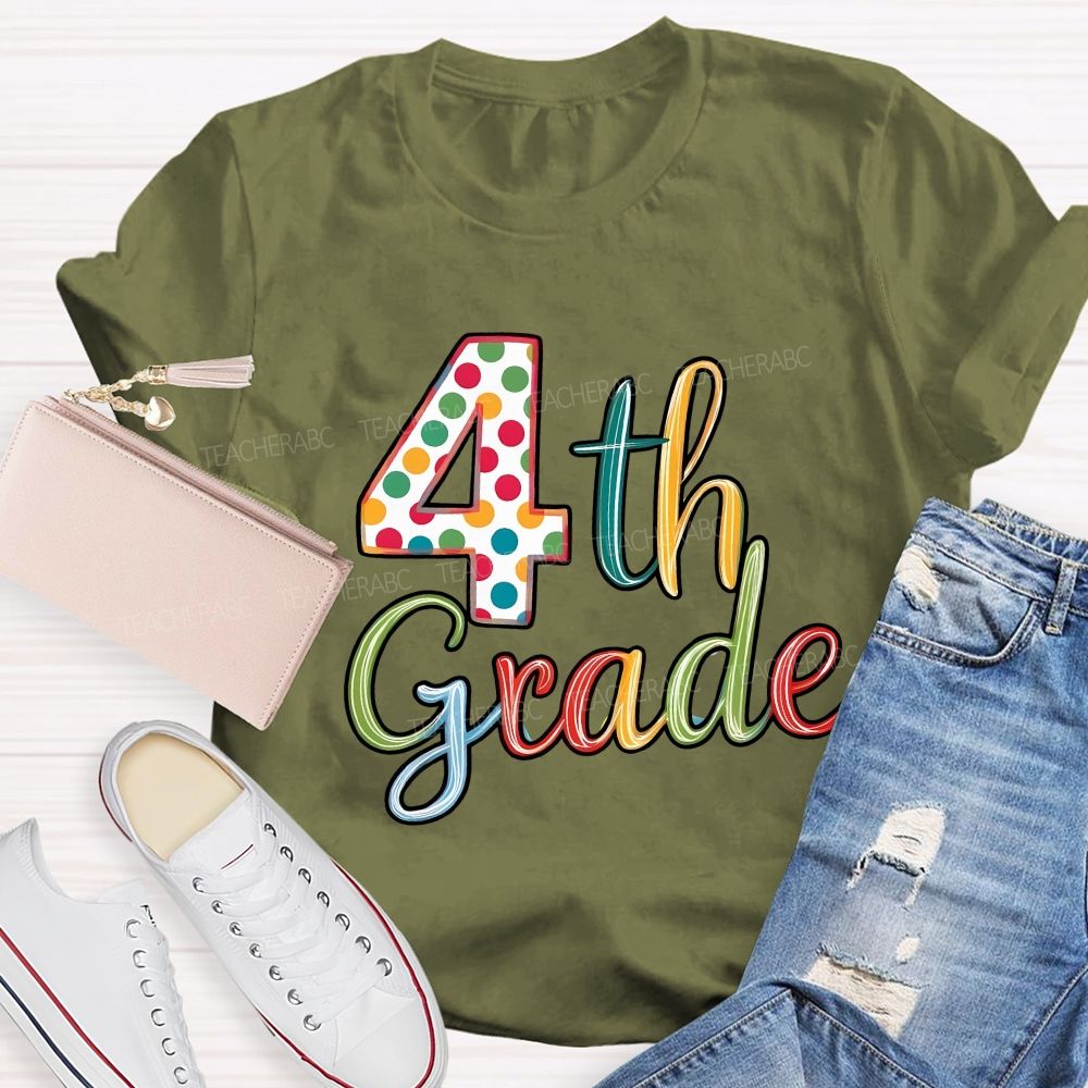 Personalized Grade Colorful Polka-Dot Numbers Teacher T-Shirt