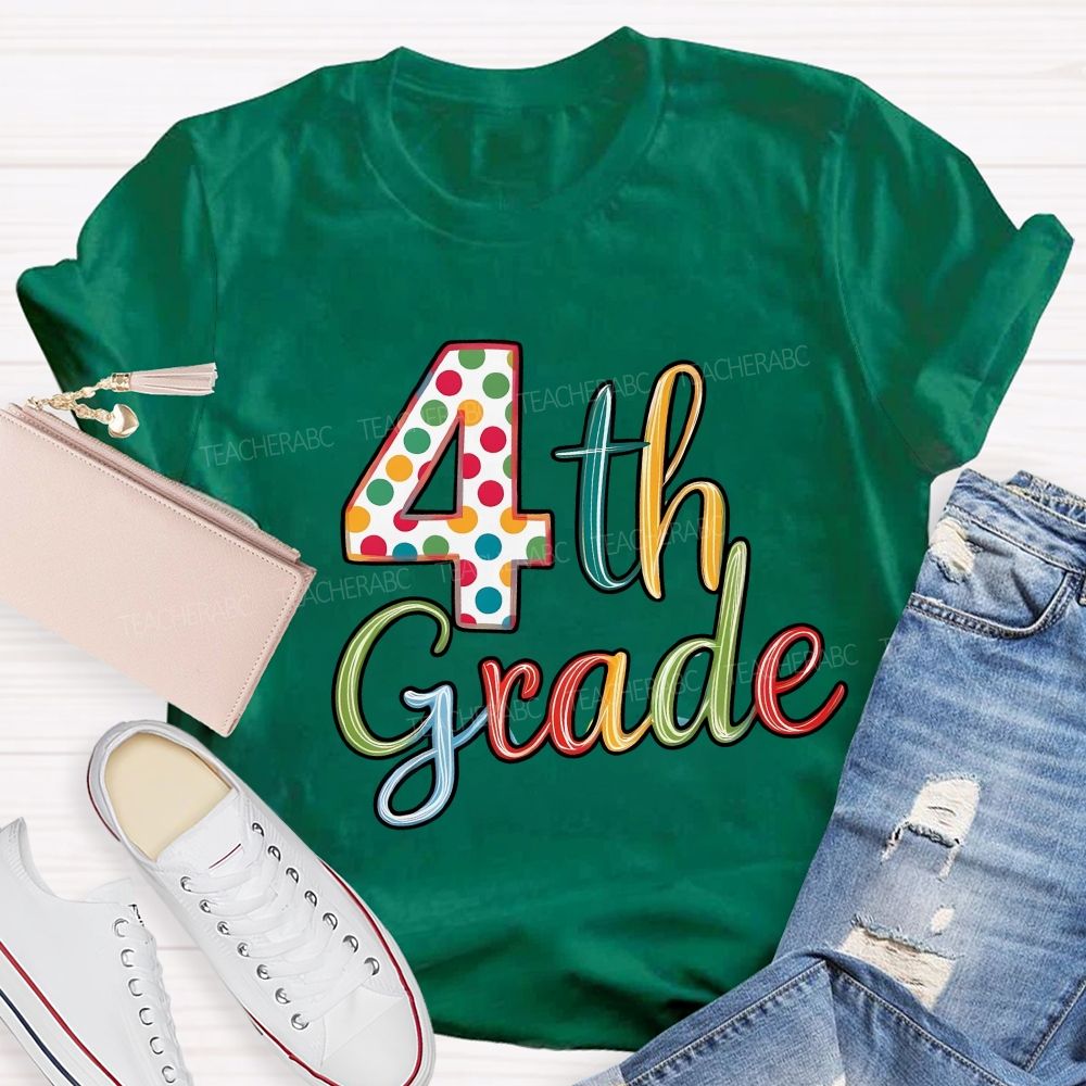 Personalized Grade Colorful Polka-Dot Numbers Teacher T-Shirt