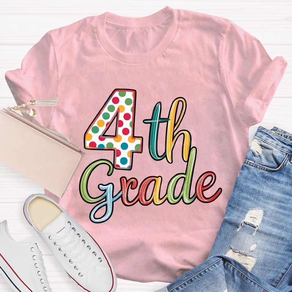Personalized Grade Colorful Polka-Dot Numbers Teacher T-Shirt
