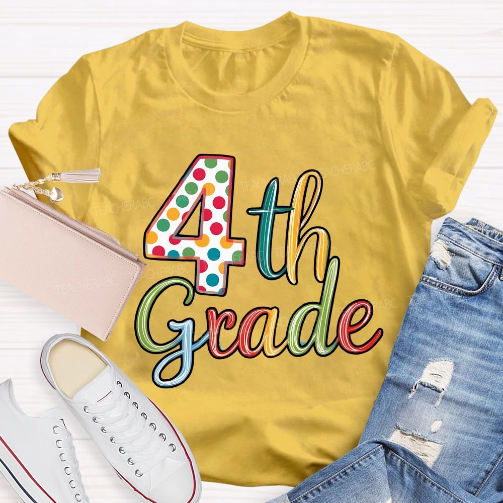 Personalized Grade Colorful Polka-Dot Numbers Teacher T-Shirt