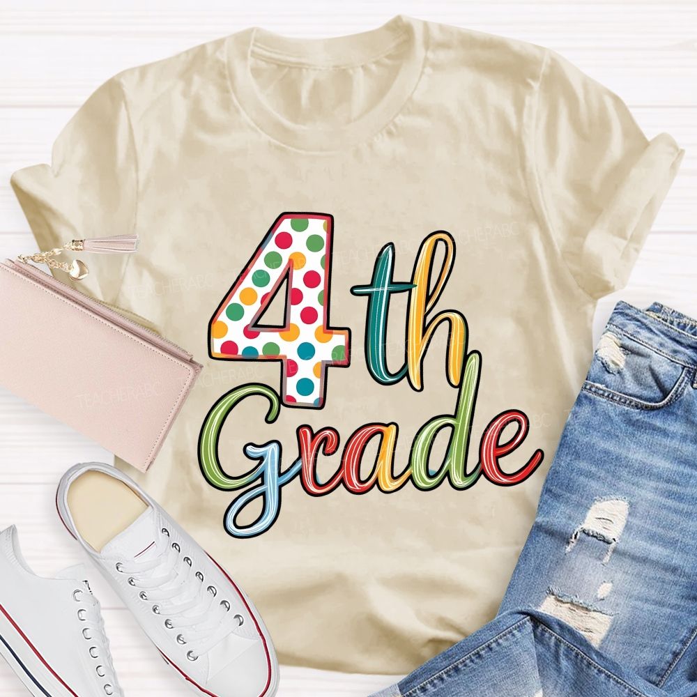 Personalized Grade Colorful Polka-Dot Numbers Teacher T-Shirt