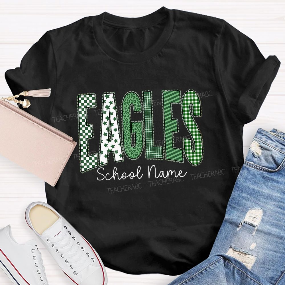 Personalized School Name And Mascot Green Plaid And Star Print Teacher T-Shirt