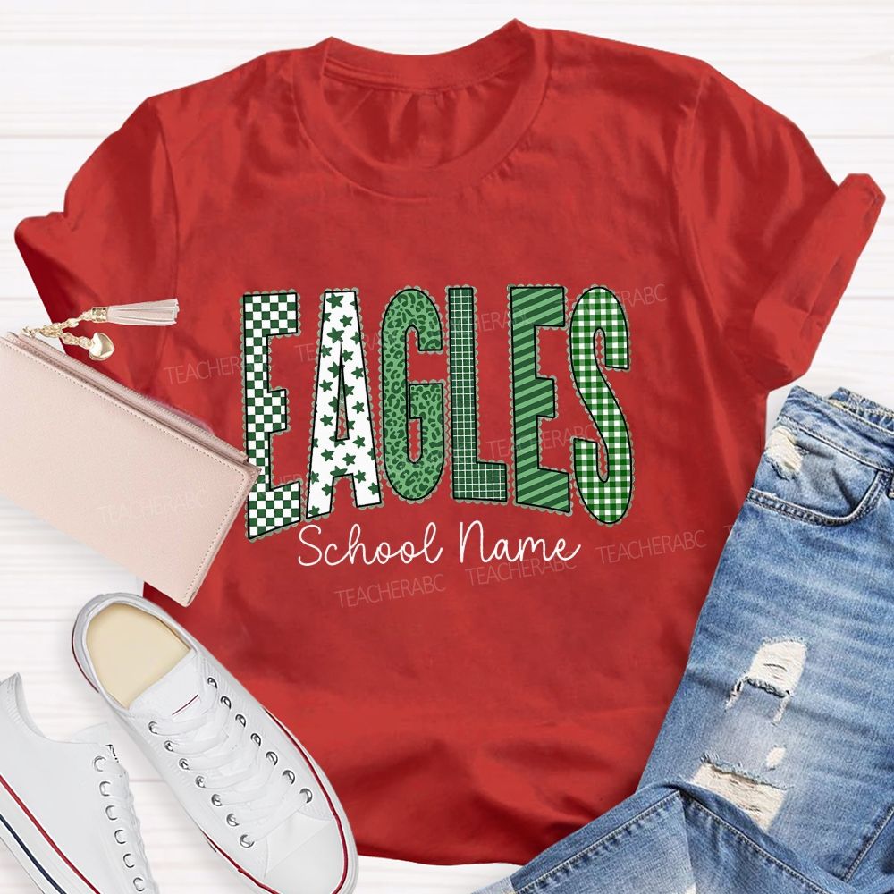 Personalized School Name And Mascot Green Plaid And Star Print Teacher T-Shirt
