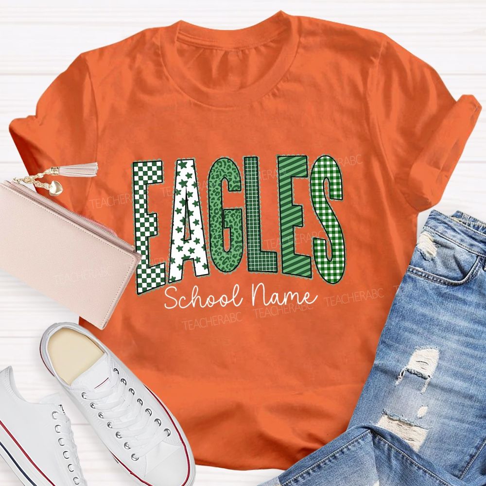 Personalized School Name And Mascot Green Plaid And Star Print Teacher T-Shirt