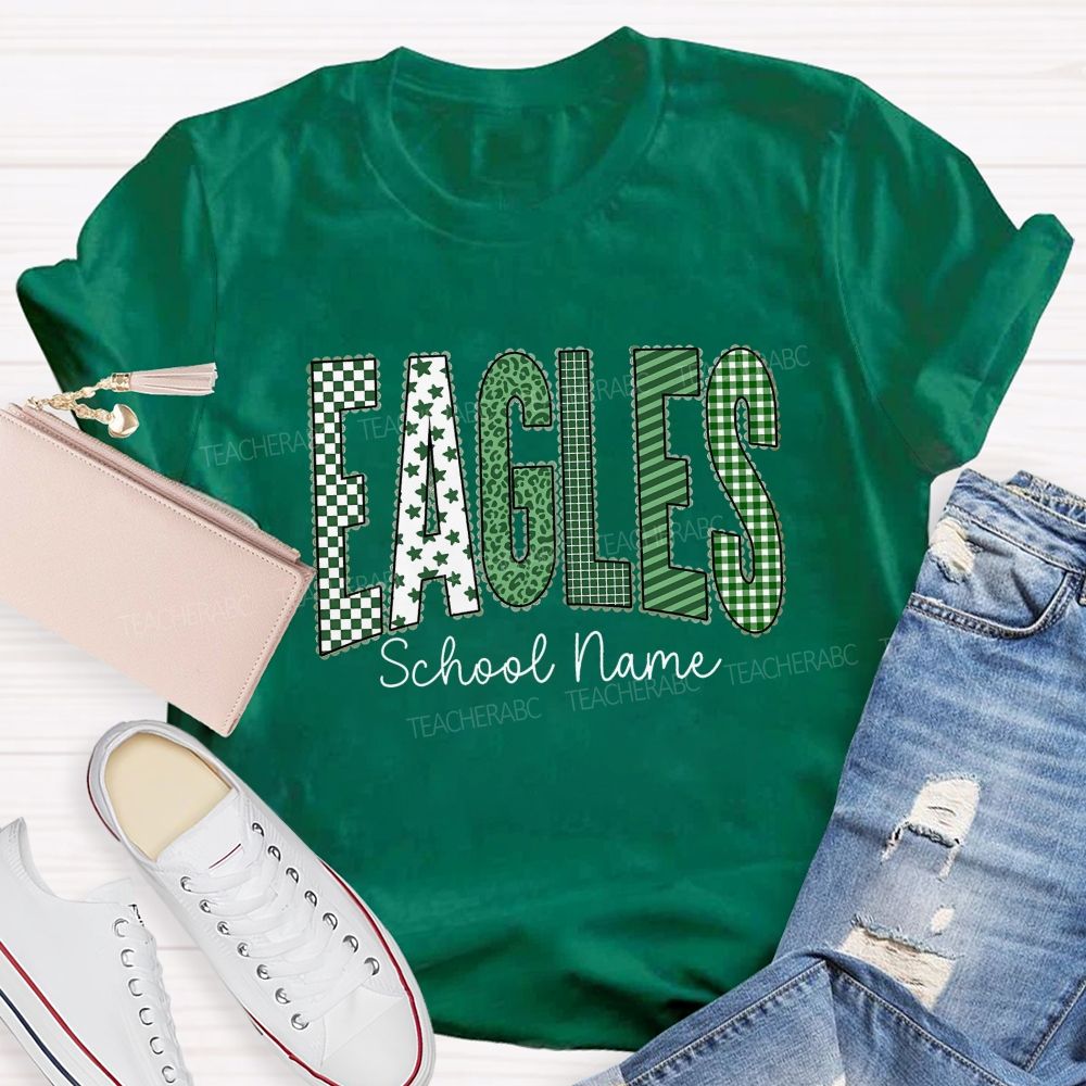Personalized School Name And Mascot Green Plaid And Star Print Teacher T-Shirt