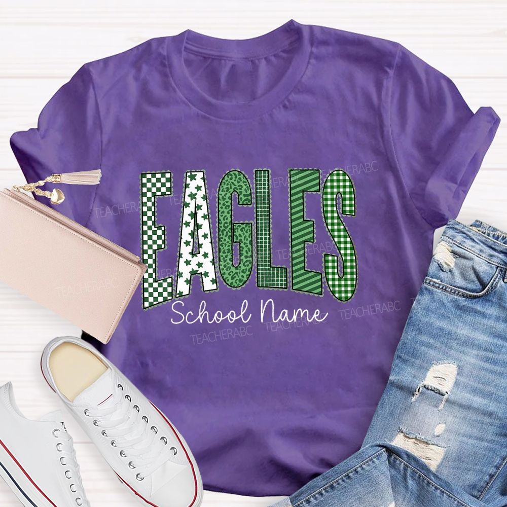 Personalized School Name And Mascot Green Plaid And Star Print Teacher T-Shirt