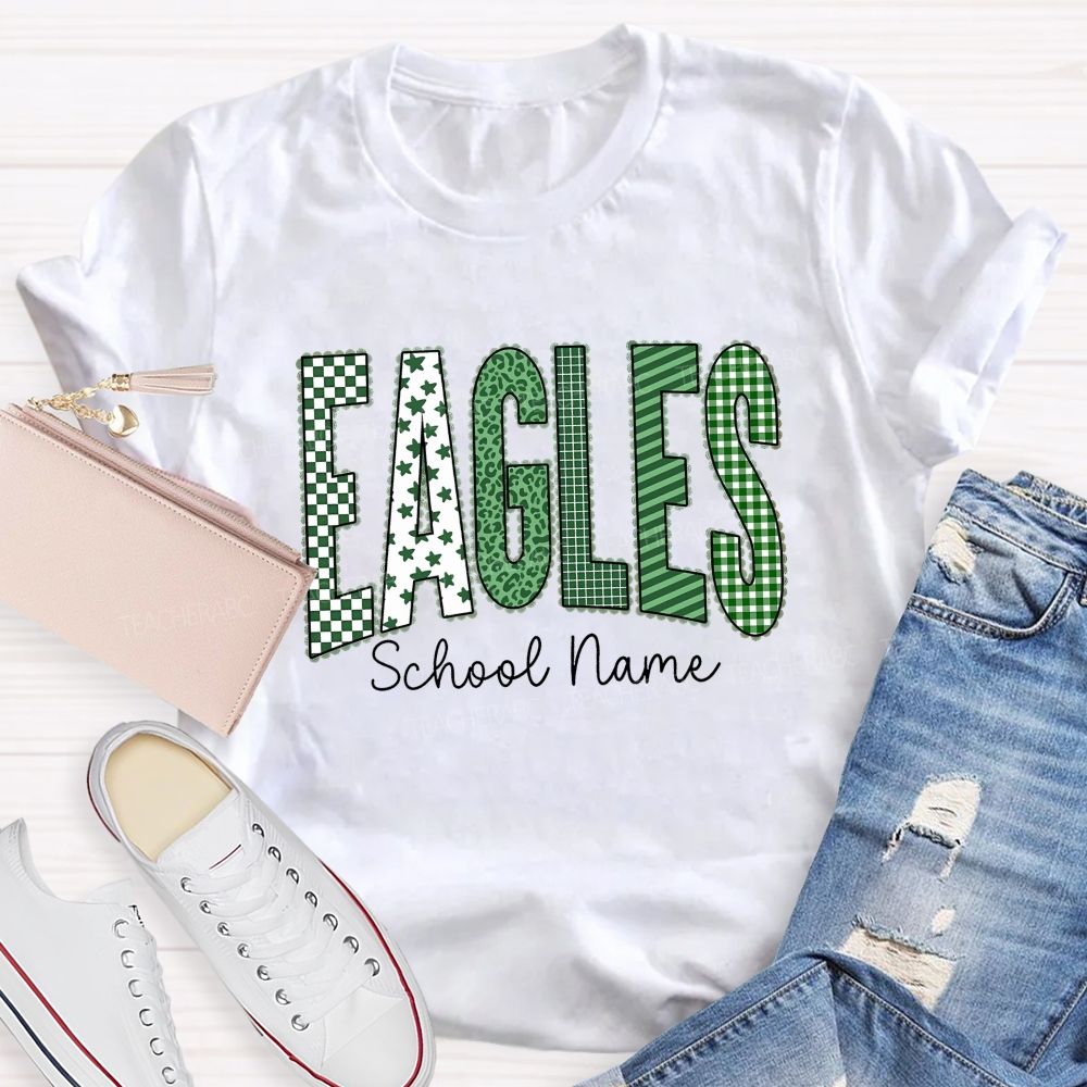 Personalized School Name And Mascot Green Plaid And Star Print Teacher T-Shirt