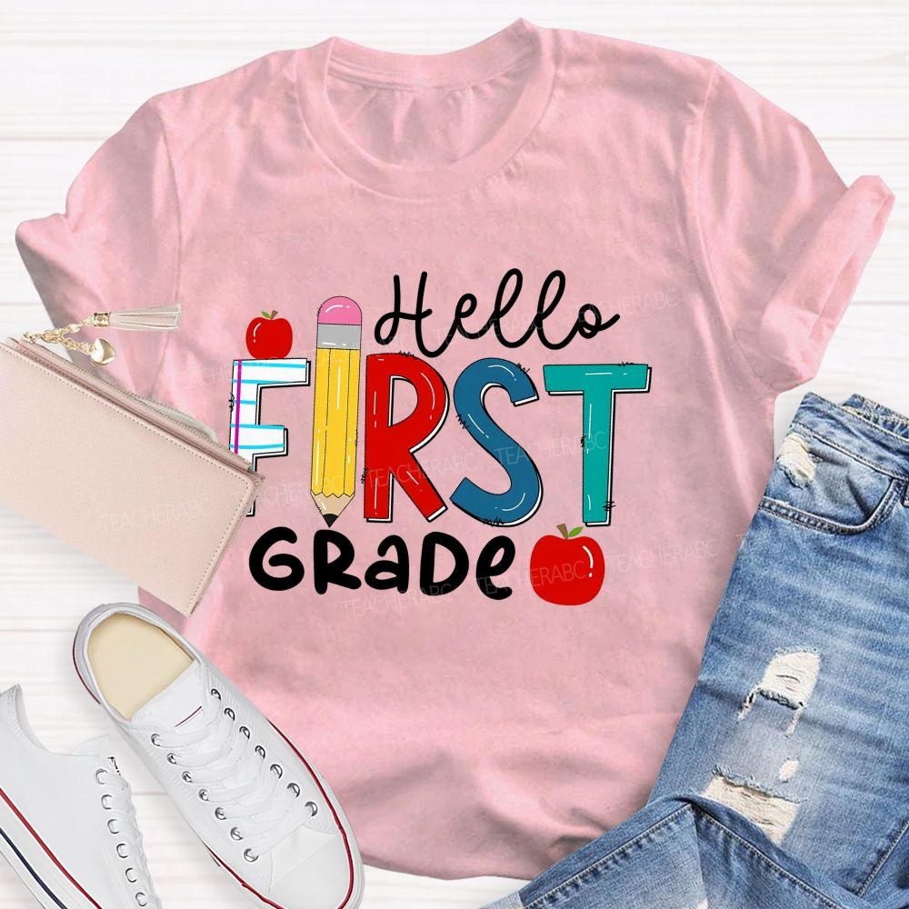 Personalized Grade Hello First Grade Apple Back To School Teacher T-Shirt