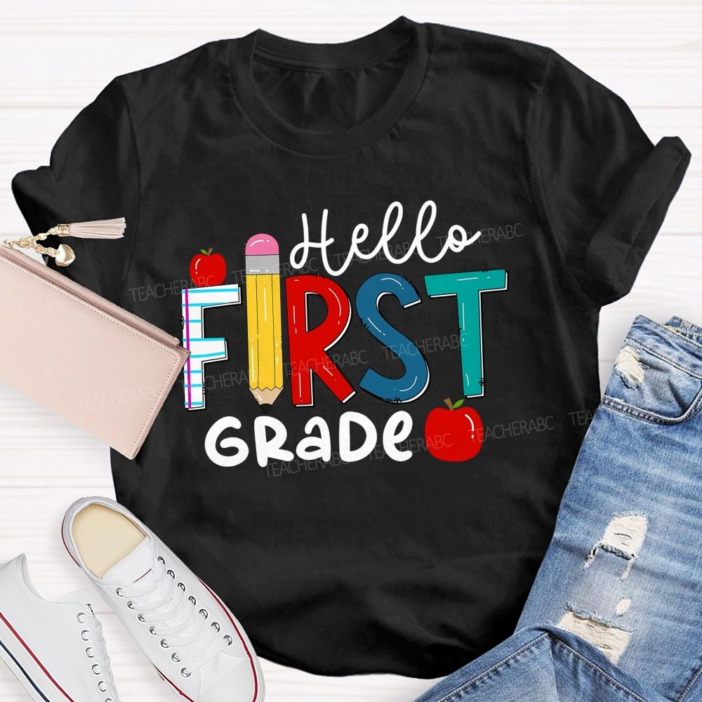 Personalized Grade Hello First Grade Apple Back To School Teacher T-Shirt