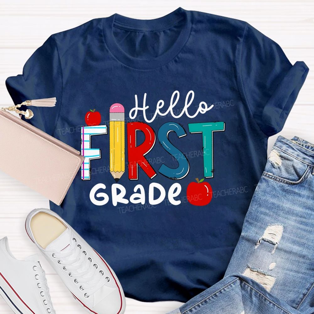 Personalized Grade Hello First Grade Apple Back To School Teacher T-Shirt