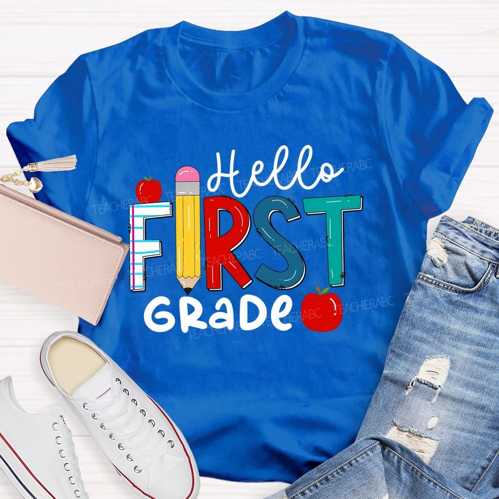 Personalized Grade Hello First Grade Apple Back To School Teacher T-Shirt