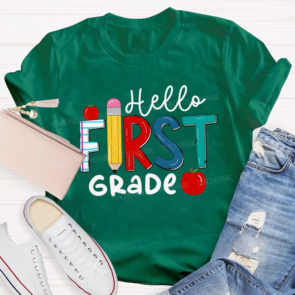 Personalized Grade Hello First Grade Apple Back To School Teacher T-Shirt
