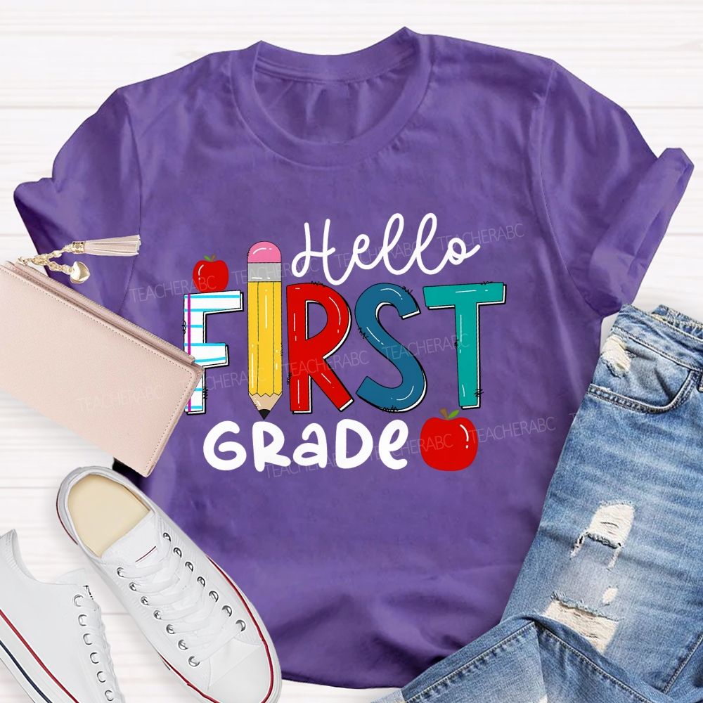 Personalized Grade Hello First Grade Apple Back To School Teacher T-Shirt