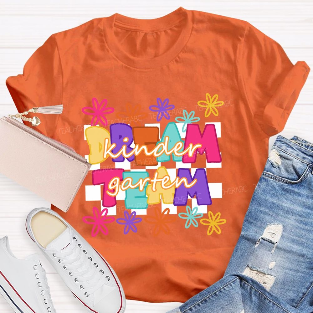 Personalized Grade Dream Team Colorful Flowers Letters Checkerboard Teacher T-shirt