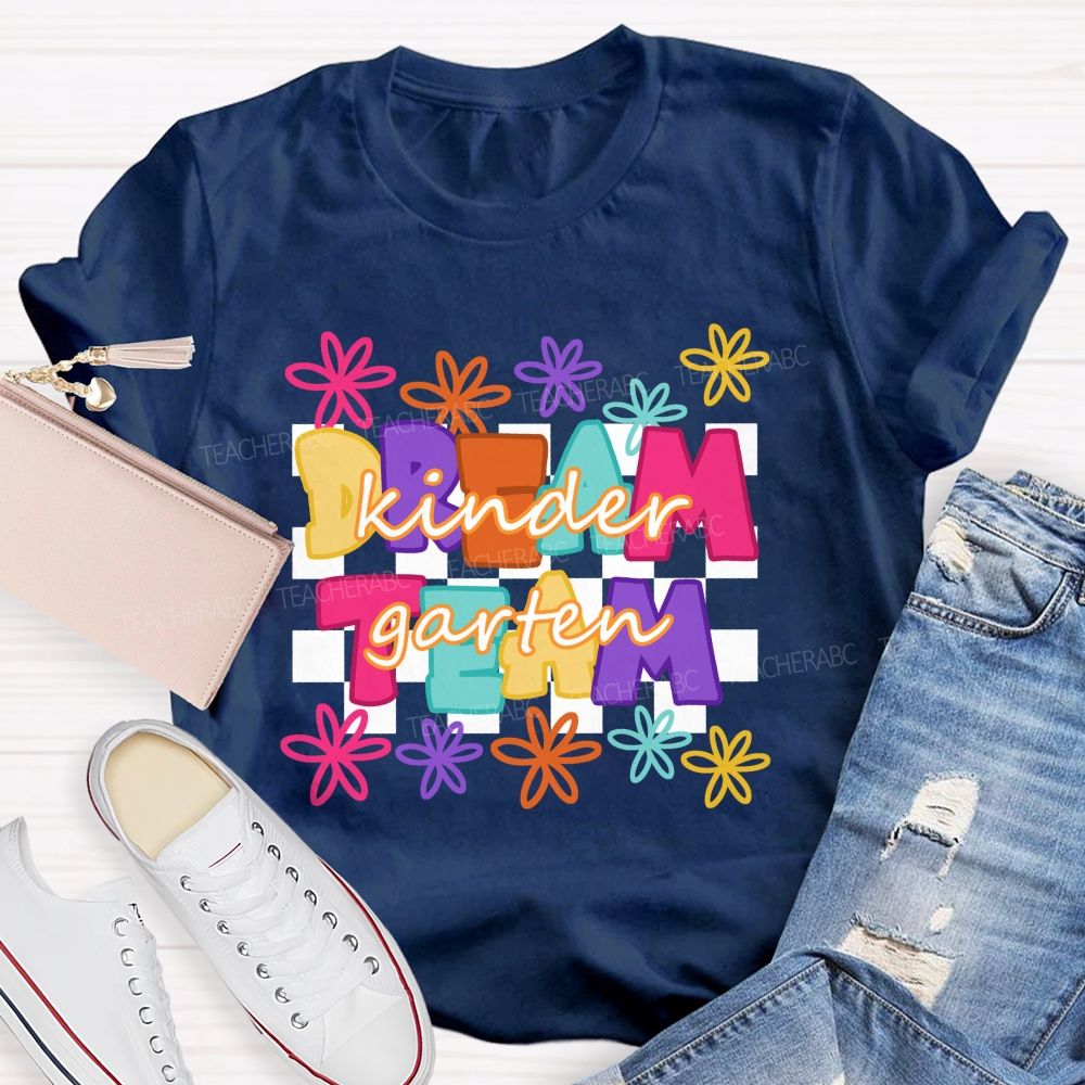 Personalized Grade Dream Team Colorful Flowers Letters Checkerboard Teacher T-shirt