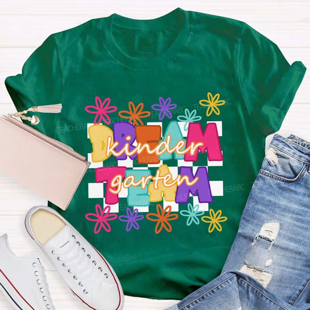 Personalized Grade Dream Team Colorful Flowers Letters Checkerboard Teacher T-shirt