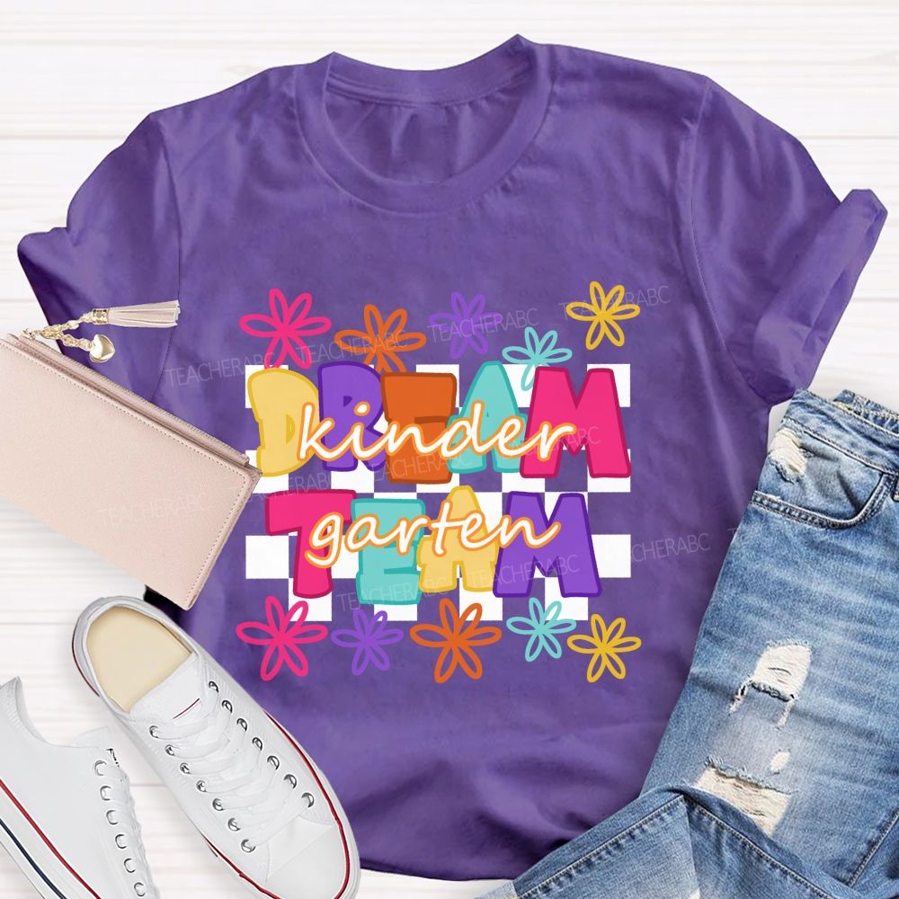 Personalized Grade Dream Team Colorful Flowers Letters Checkerboard Teacher T-shirt