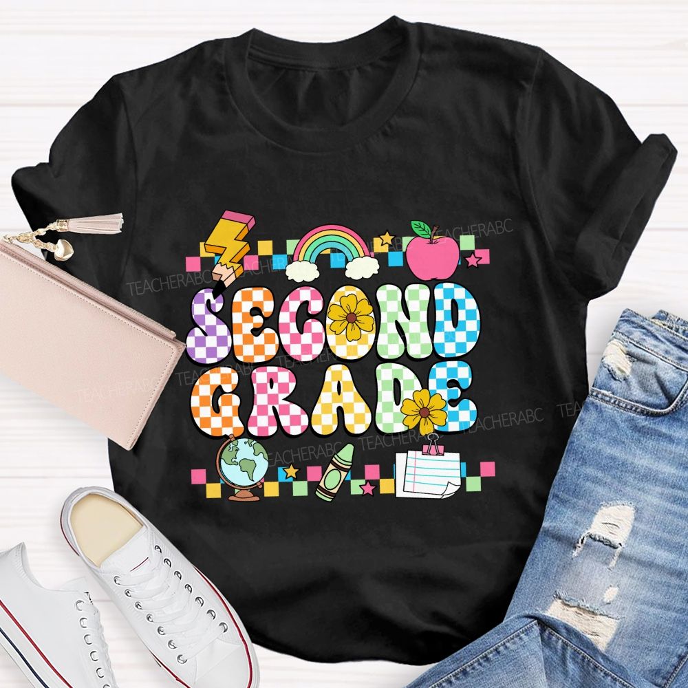 Personalized Grade Colorful Plaid And Letter Print Back To School Teacher T-Shirt